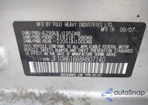 2008 Subaru Impreza 2.5I z USA, uszkodzony, nr VIN JF1GH61668H807140